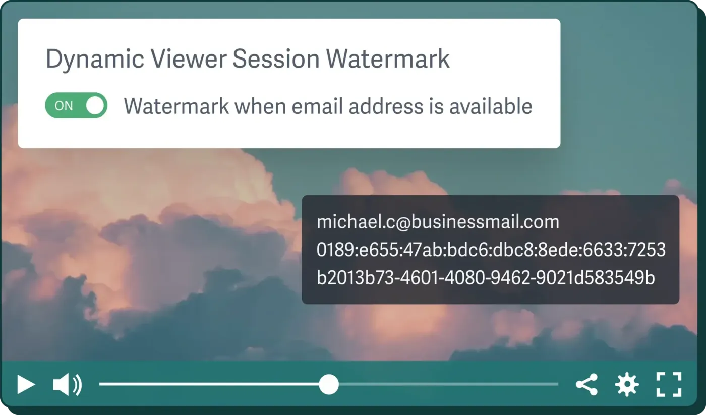 SproutVideo player with a dynamic viewer session watermark showing the viewer's email, IP address, and session ID