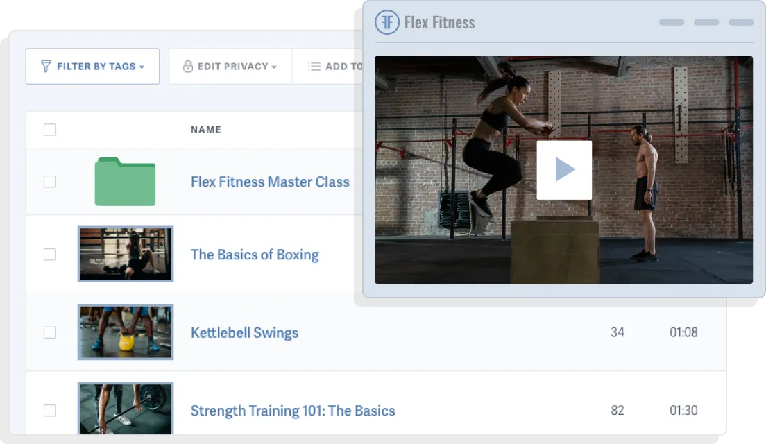 Image of a stylized sample video website overlayed on top of the SproutVideo platform video library page