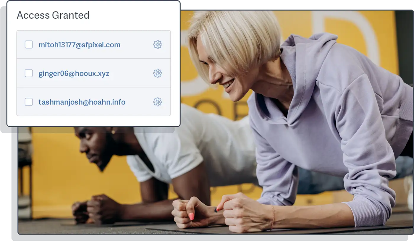 Image of two people working out with a stylized example of the UI for granting access to specific viewers from the SproutVideo platform overlaid