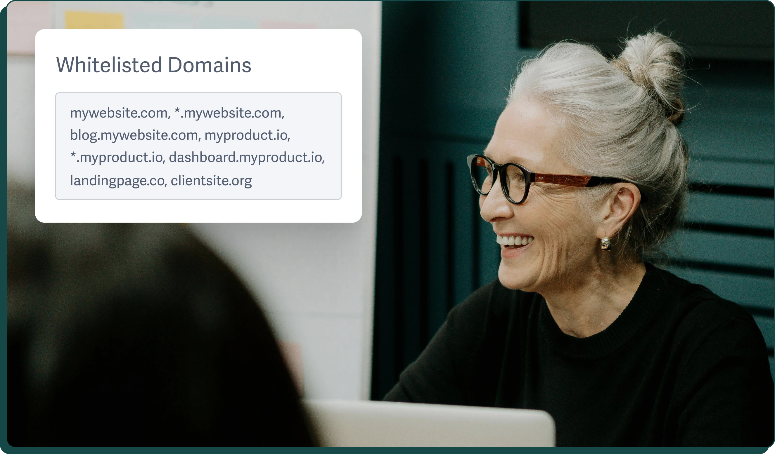 Image of a professional woman conducting a meeting with a stylized example of the UI for allowed domains from the SproutVideo platform overlaid