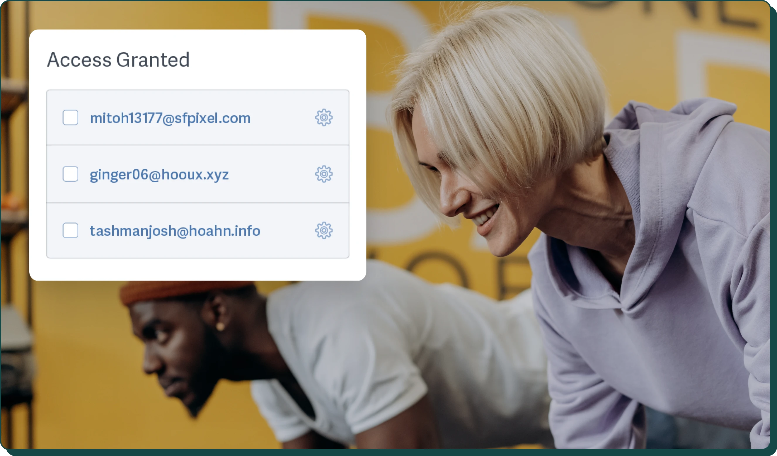 Image of two people working out with a stylized example of the UI for granting access to specific viewers from the SproutVideo platform overlaid
