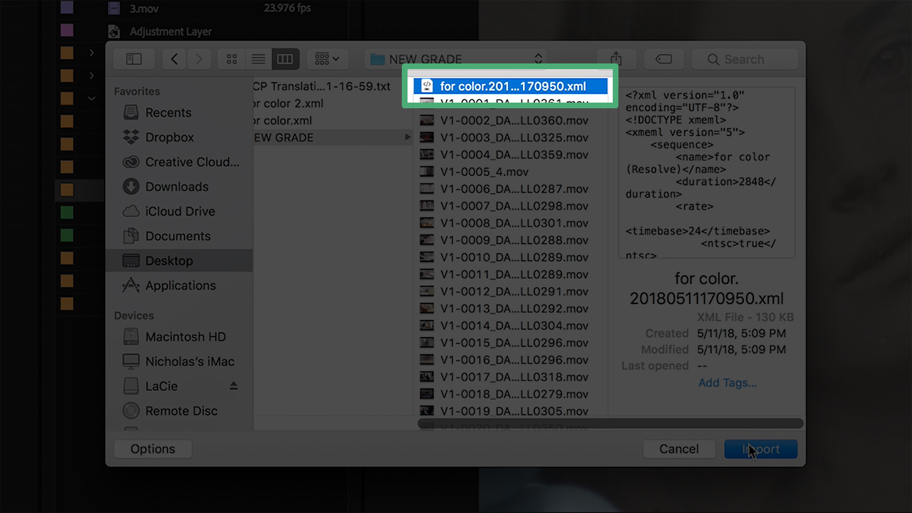 Select the XML file for import to Adobe